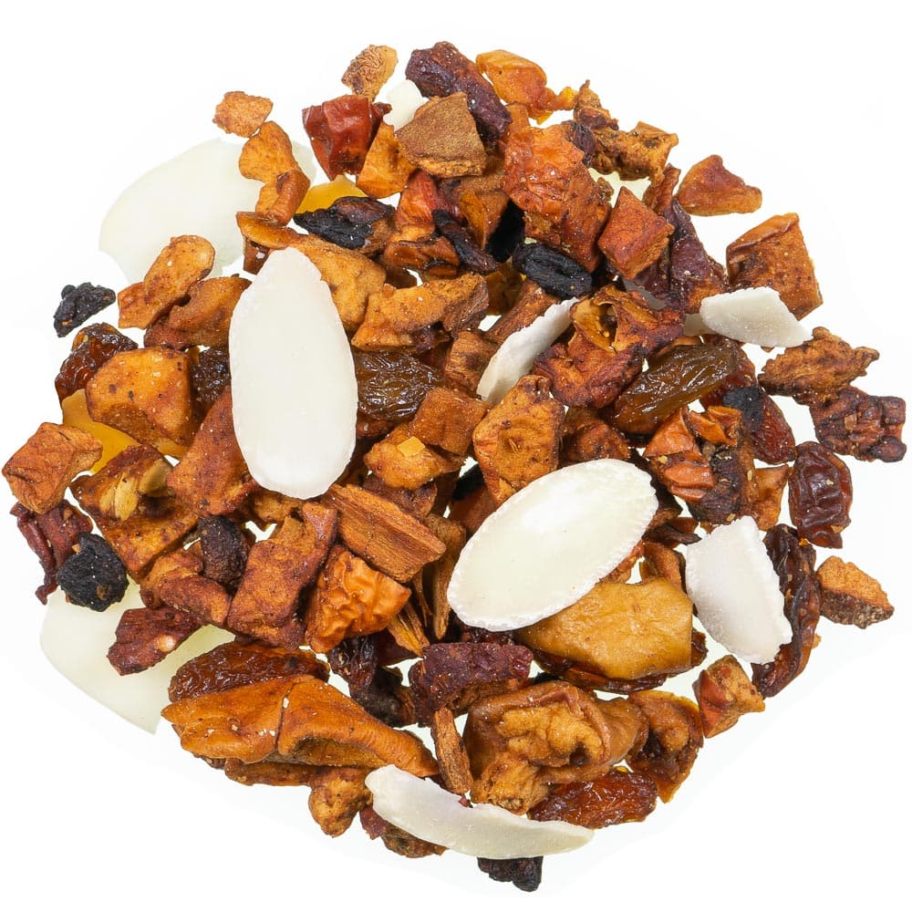Lose Früchteteemischung Apfelstrudel mild mit Apfelstücken, Weinbeeren, Zimtrinde und weißen Mandelblättchen