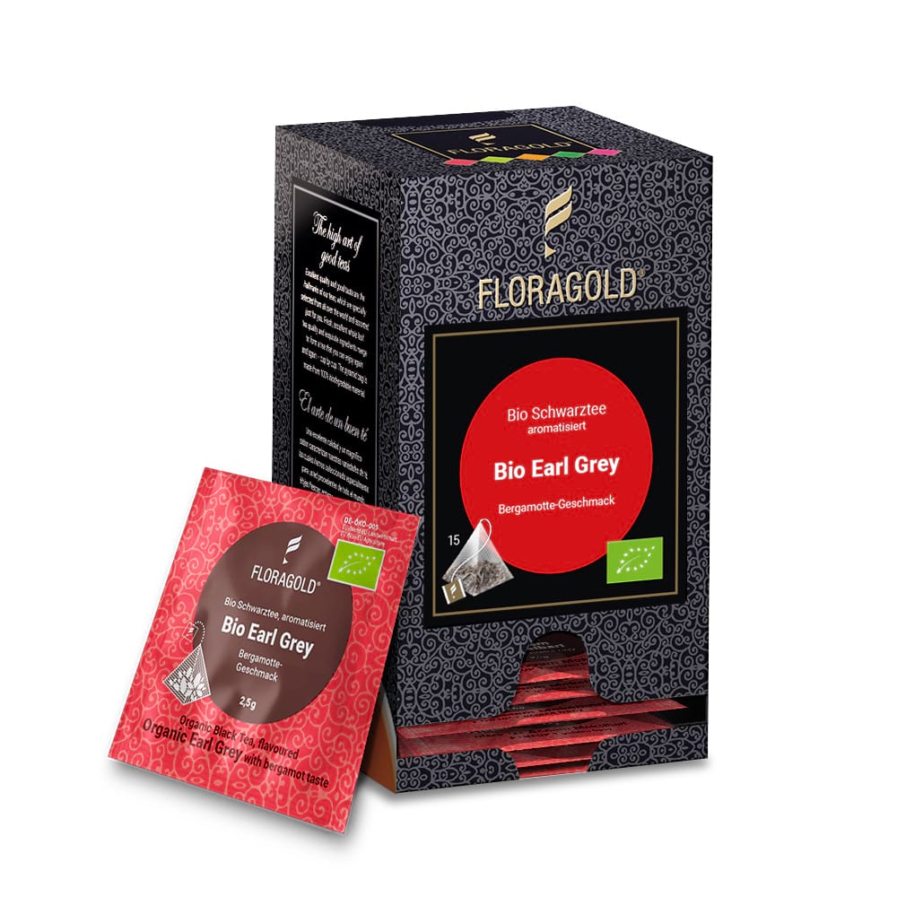 Packung Bio Earl Grey Floragold® mit einzelnem Pyramidenbeutel