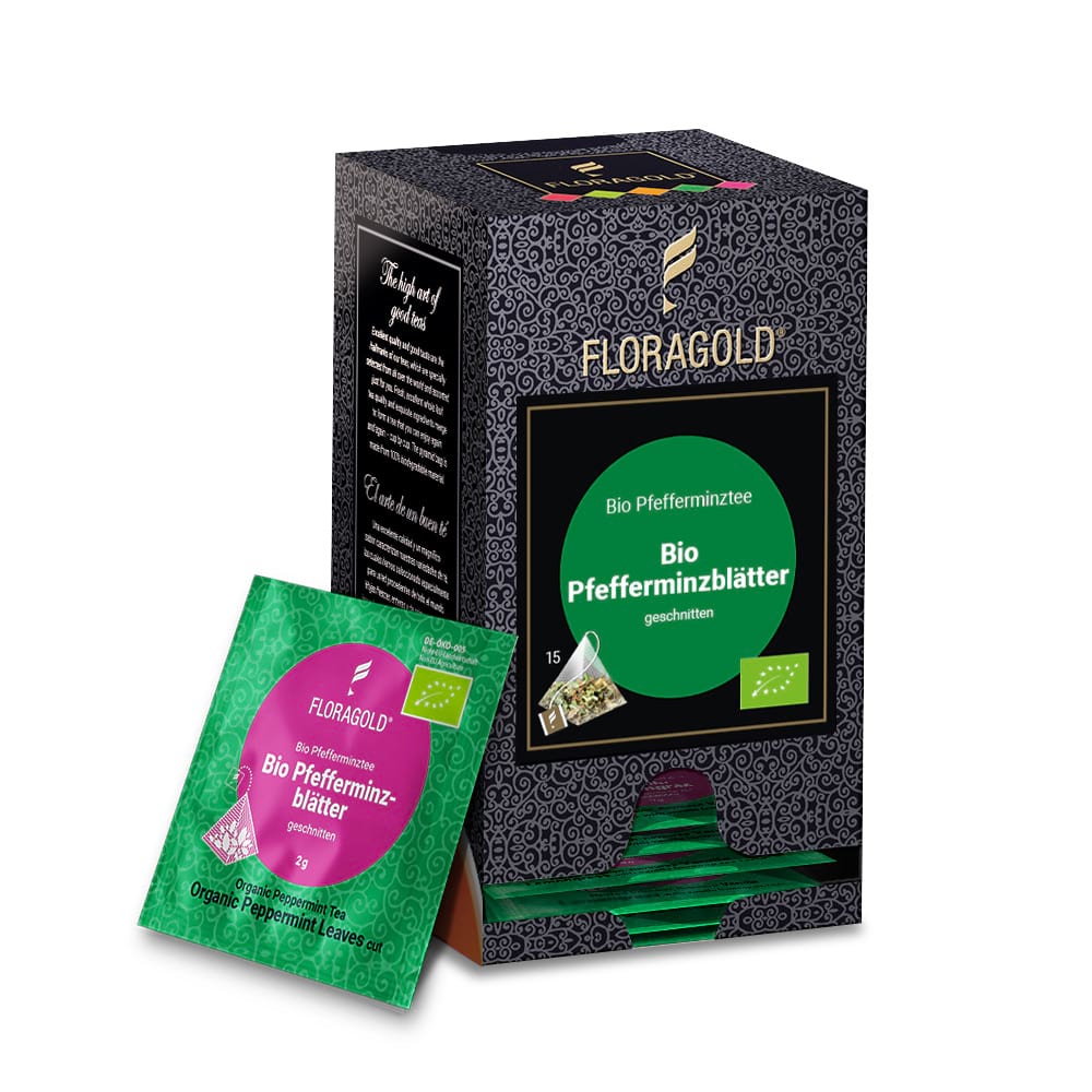 Packung Bio Pfefferminzblätter geschnitten Floragold® Premium-Pyramidenbeutel mit Beispielbeutel