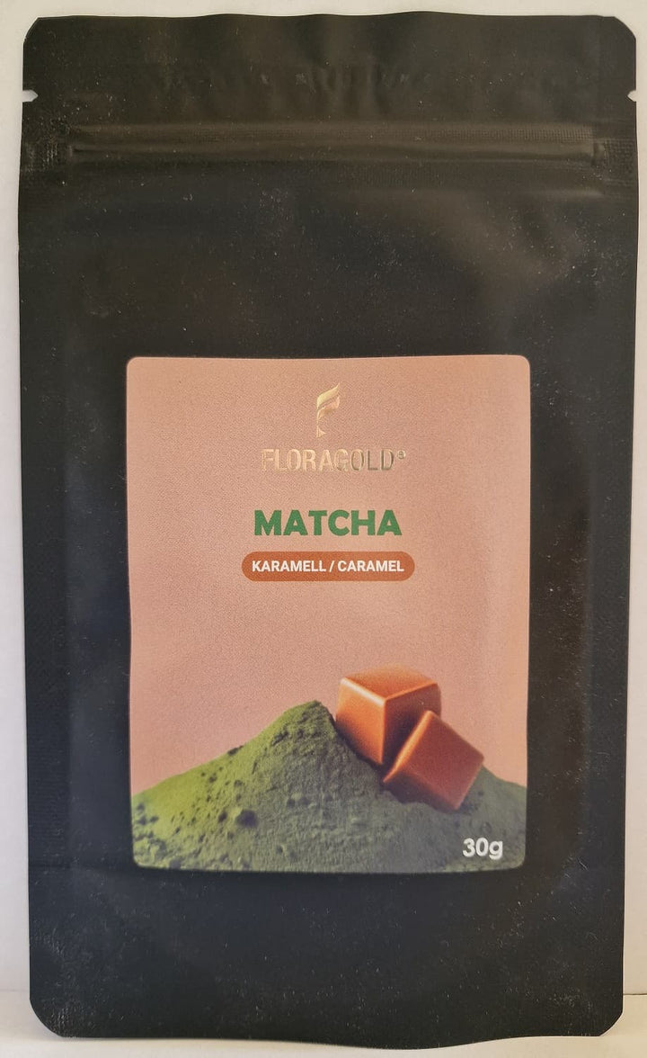 Caramel Matcha mit Karamell in schwarzem Floragold Zip-Beutel