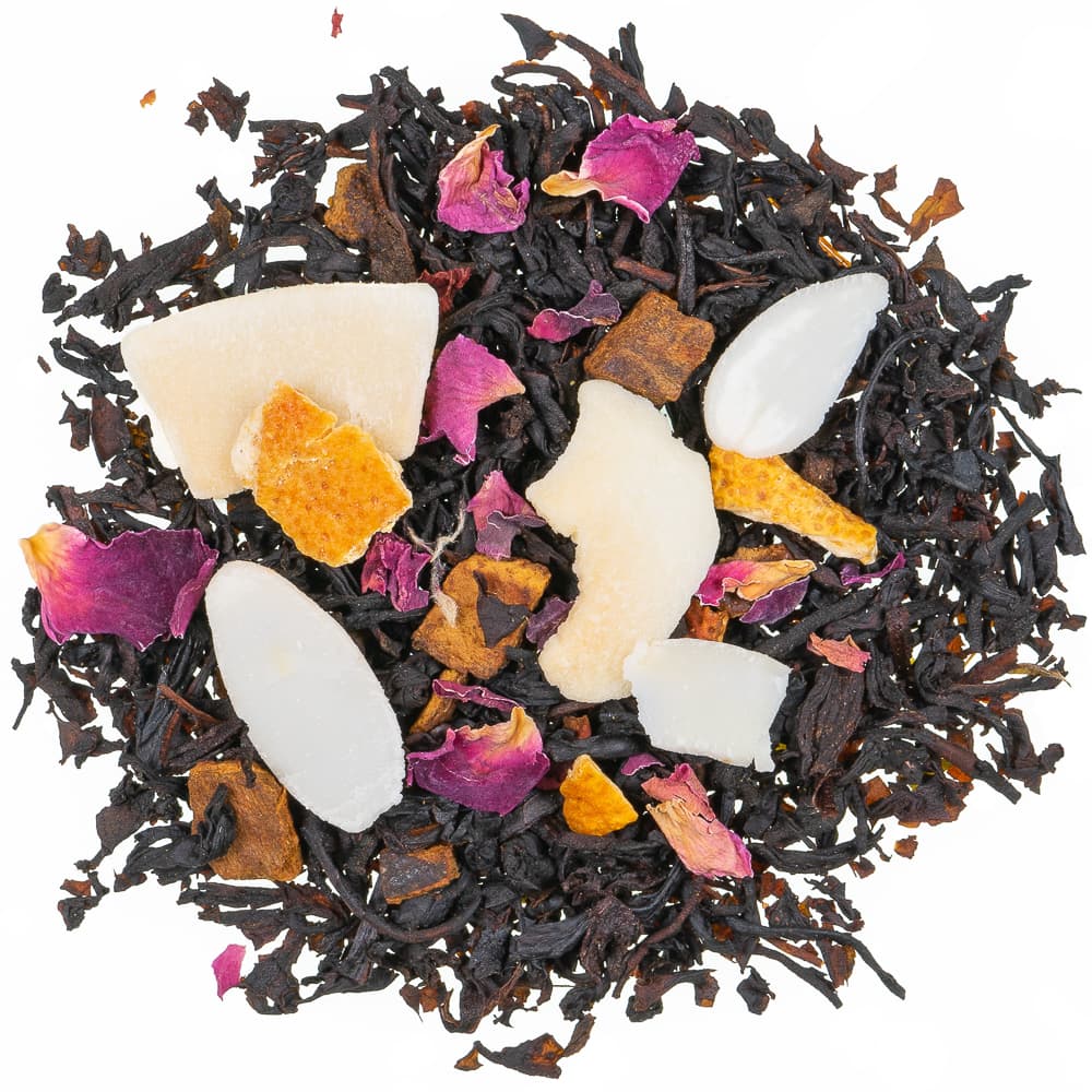 Lose Schwarzteemischung Christmas Flake mit Orangenschalen, weißen Kokoschips, Mandelblättchen, Zimtrinde und rosa Rosenblütenblättern