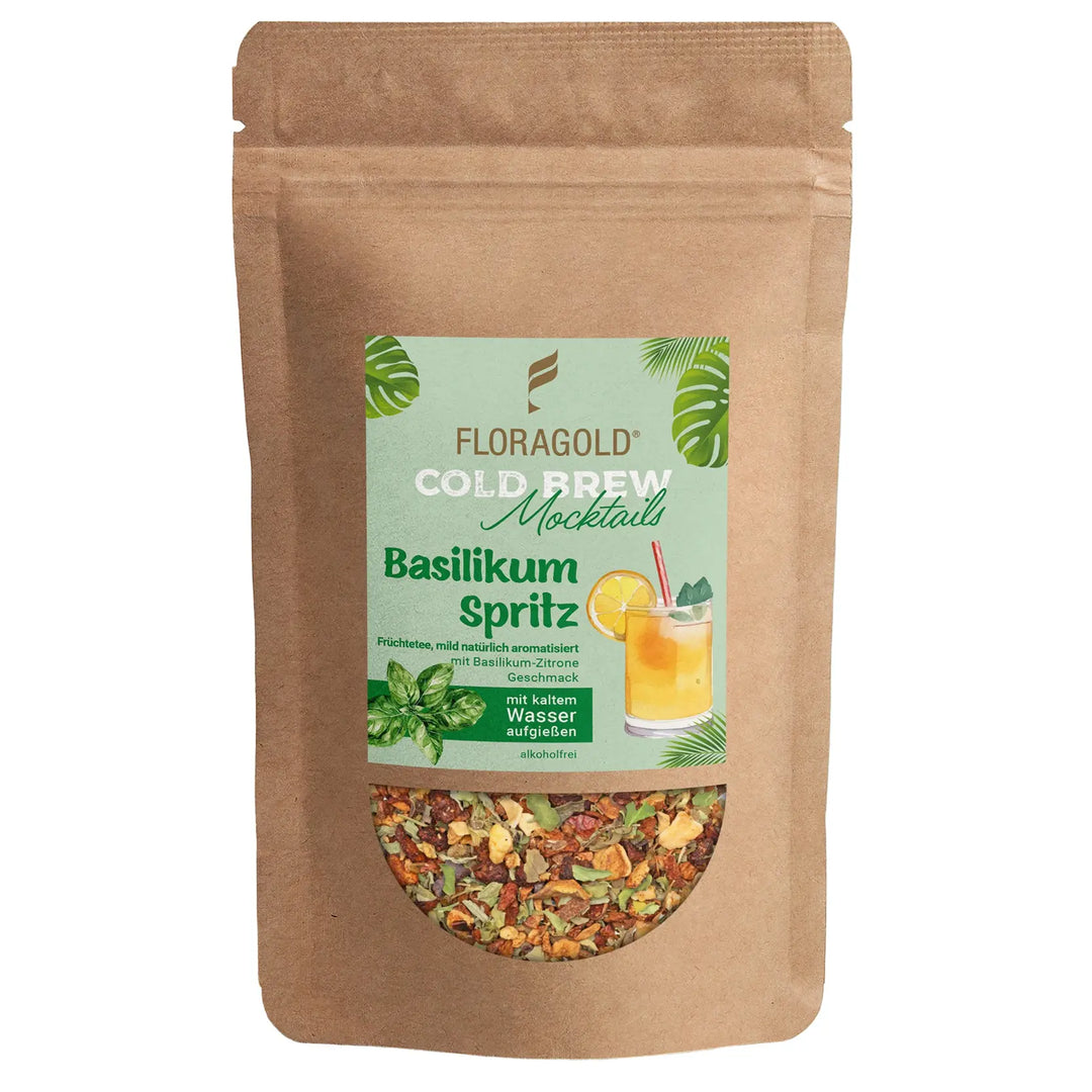 Cold Brew Basilikum Spritz von Floragold im Kraftpapier-Zipbeutel