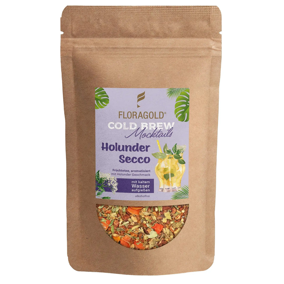 Cold Brew Holunder Secco von Floragold im Kraftpapier-Zipbeutel