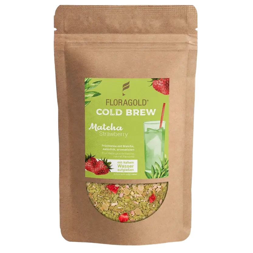 Cold Brew Matcha Strawberry von Floragold im Kraftpapier-Zipbeutel