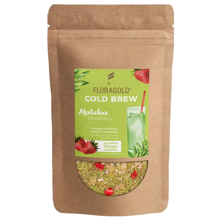 Cold Brew Matcha Strawberry von Floragold im Kraftpapier-Zipbeutel
