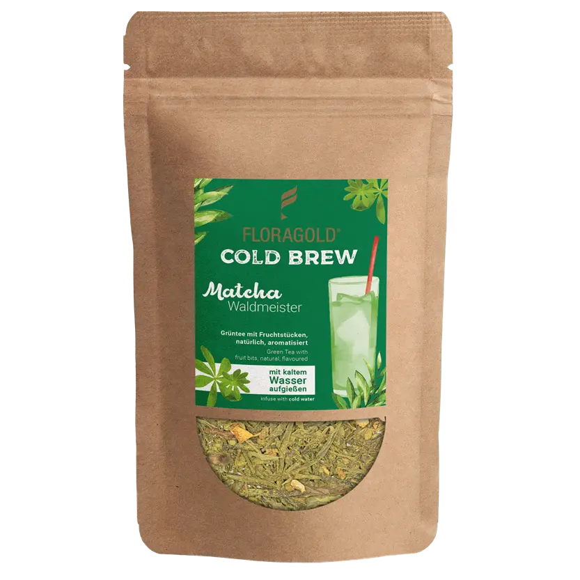 Cold Brew Matcha Waldmeister von Floragold im Kraftpapier-Zipbeutel