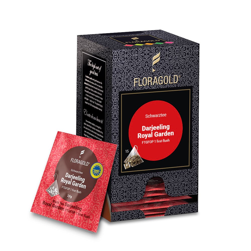 Packung Darjeeling Royal Garden Floragold® mit einzelnem Pyramidenbeutel