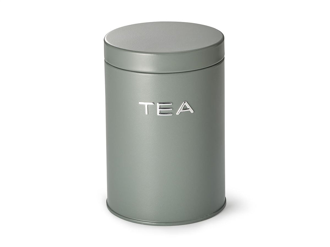 Runde Teedose „Marty“ aus Stahl in Petrol mit silbernem Tea-Schriftzug