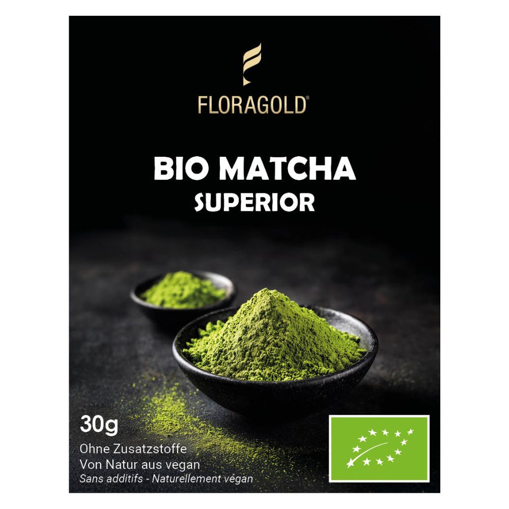 Bio Matcha Pulver Floragold Matcha Superior 30g schwarzes Etikett