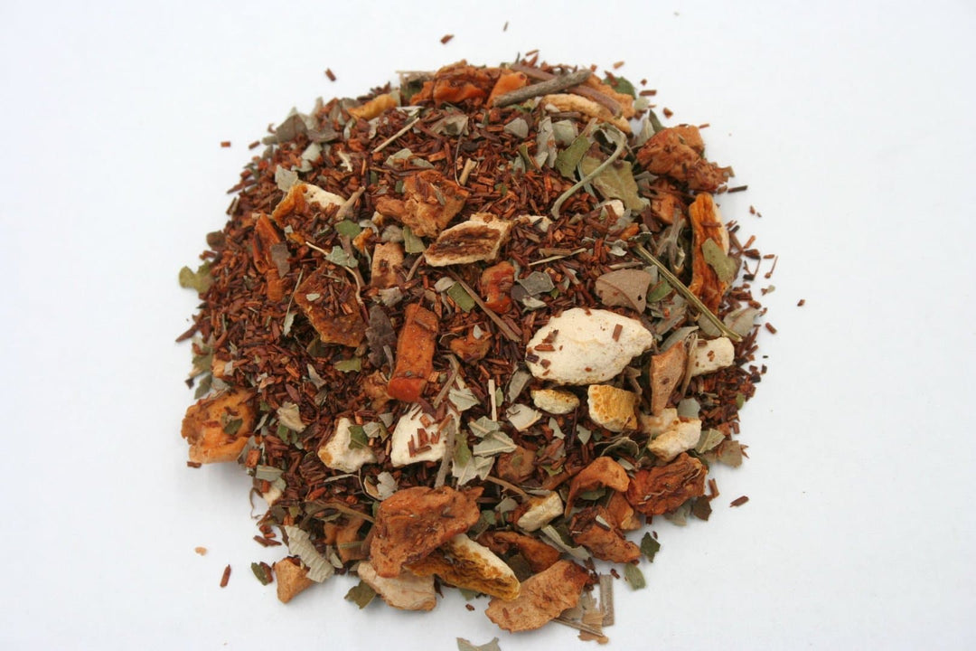 Lose Teemischung Kräutertee Granatapfel-Vanille mit Rooibos, Apfelstücken und Orangenschalen