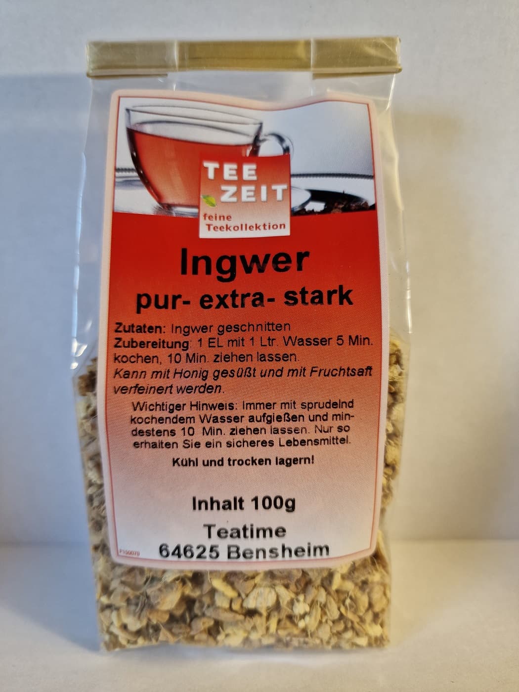 Ingwer Kräutertee in transparenter Aromatüte mit grob geschnittenen Ingwerstücken