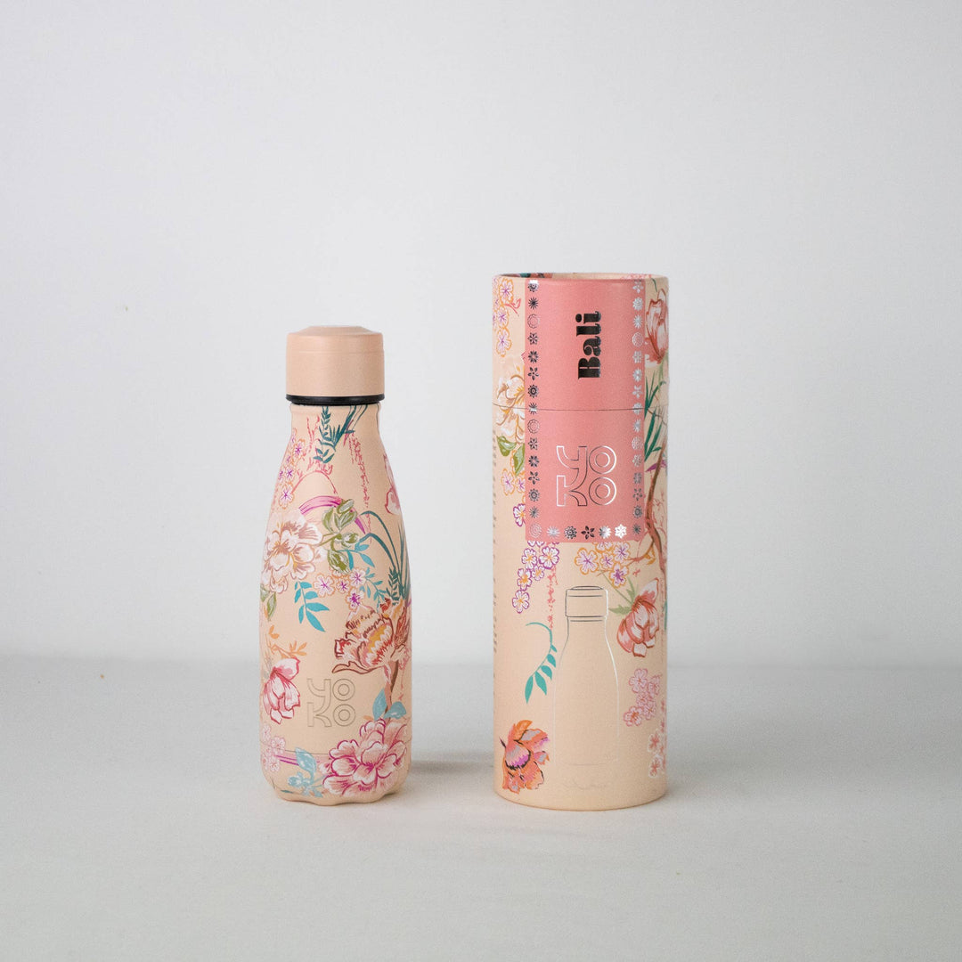 Isolierflasche Bali mit floralem Muster und passender Verpackung