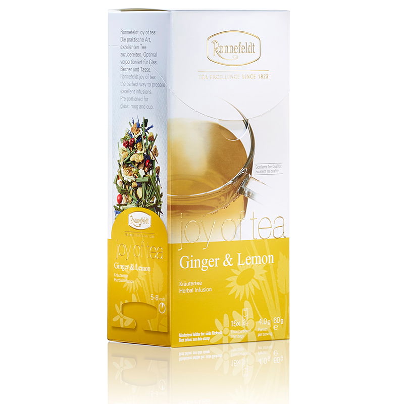 Packung Joy of Tea® Ginger & Lemon Kräutertee Premium-Pyramidenbeutel von Ronnefeldt