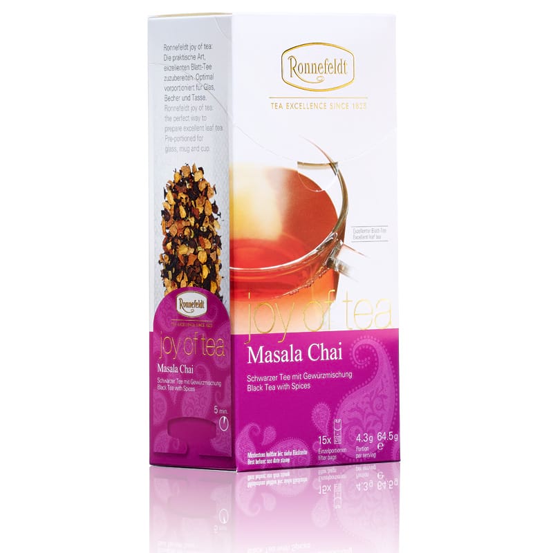 Packung Joy of Tea® Masala Chai Ronnefeldt Premium-Teebeutel