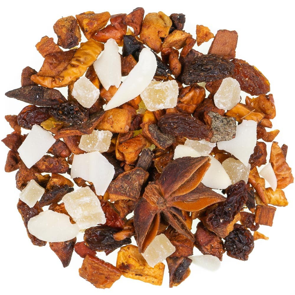Lose Früchteteemischung Knusperengel mild natürlich mit Apfelstücken, Kokoschips, kandierter Mango, Weinbeeren und Sternanis