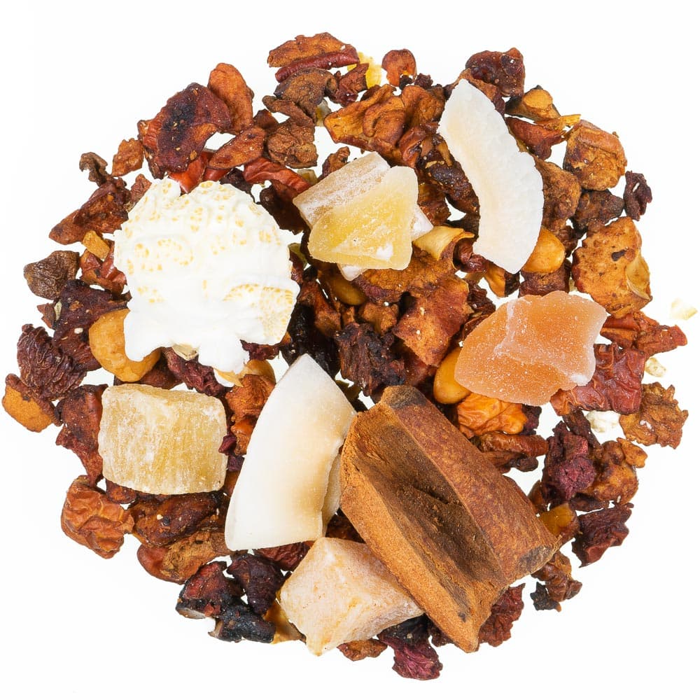 Lose Früchteteemischung Knusperhäuschen mild mit Apfelstücken, kandierten Früchten, Kokoschips, Zimtstangen, gebrannten Mandeln und Popcorn