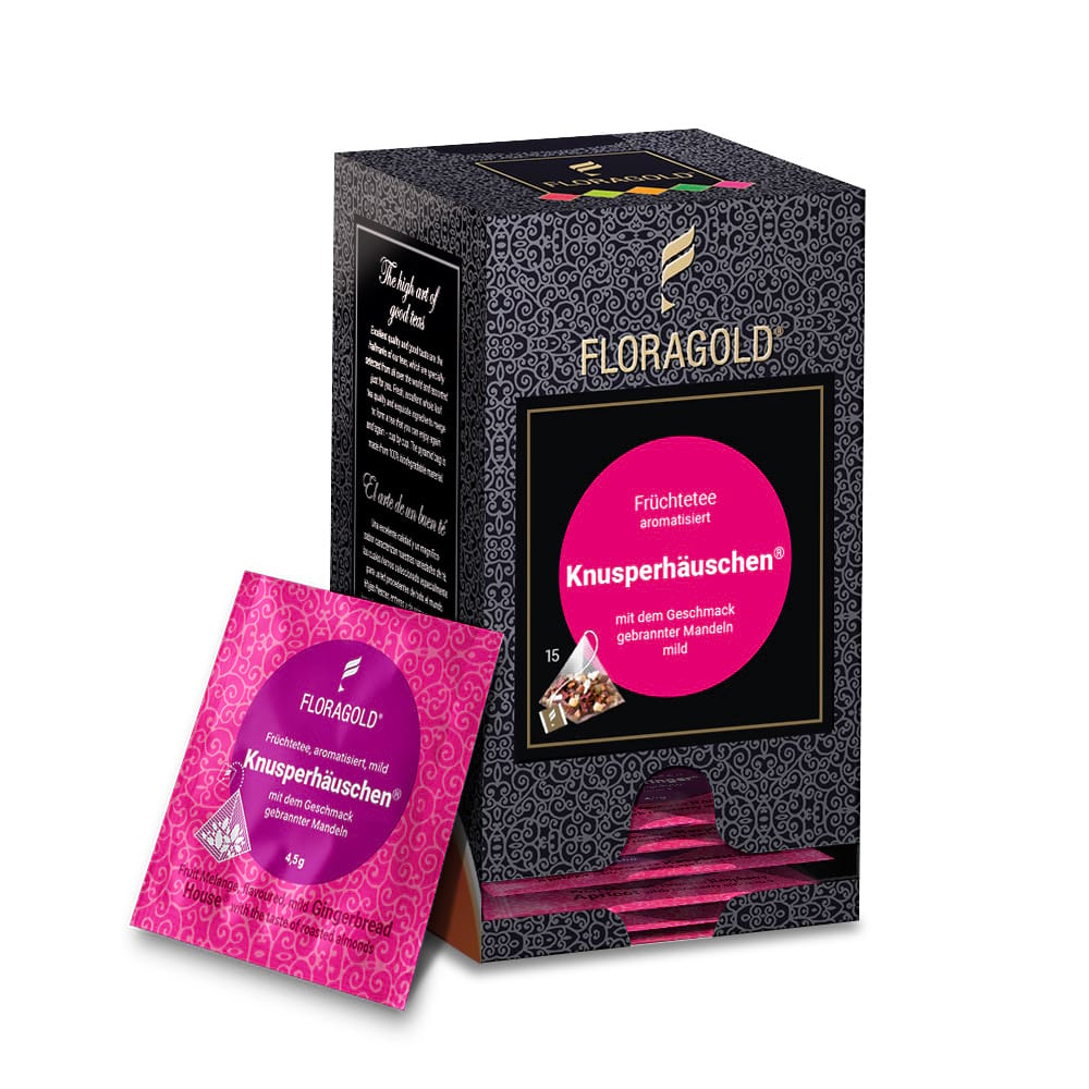 Packung Knusperhäuschen® mild Floragold® Premium-Pyramidenbeutel mit Beispielbeutel