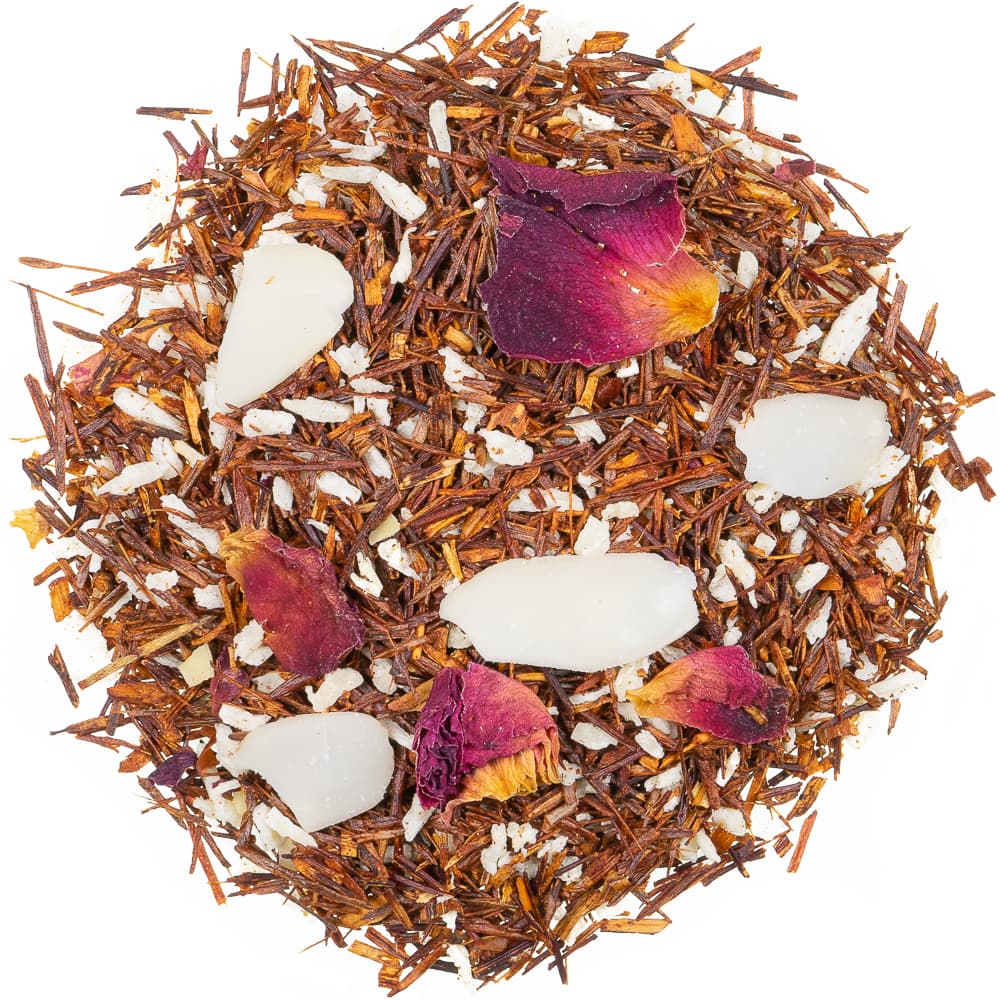 Kokos Mandel Rooibostee mit Kokosraspeln, Mandelflakes und Rosenblüten als lose Teemischung