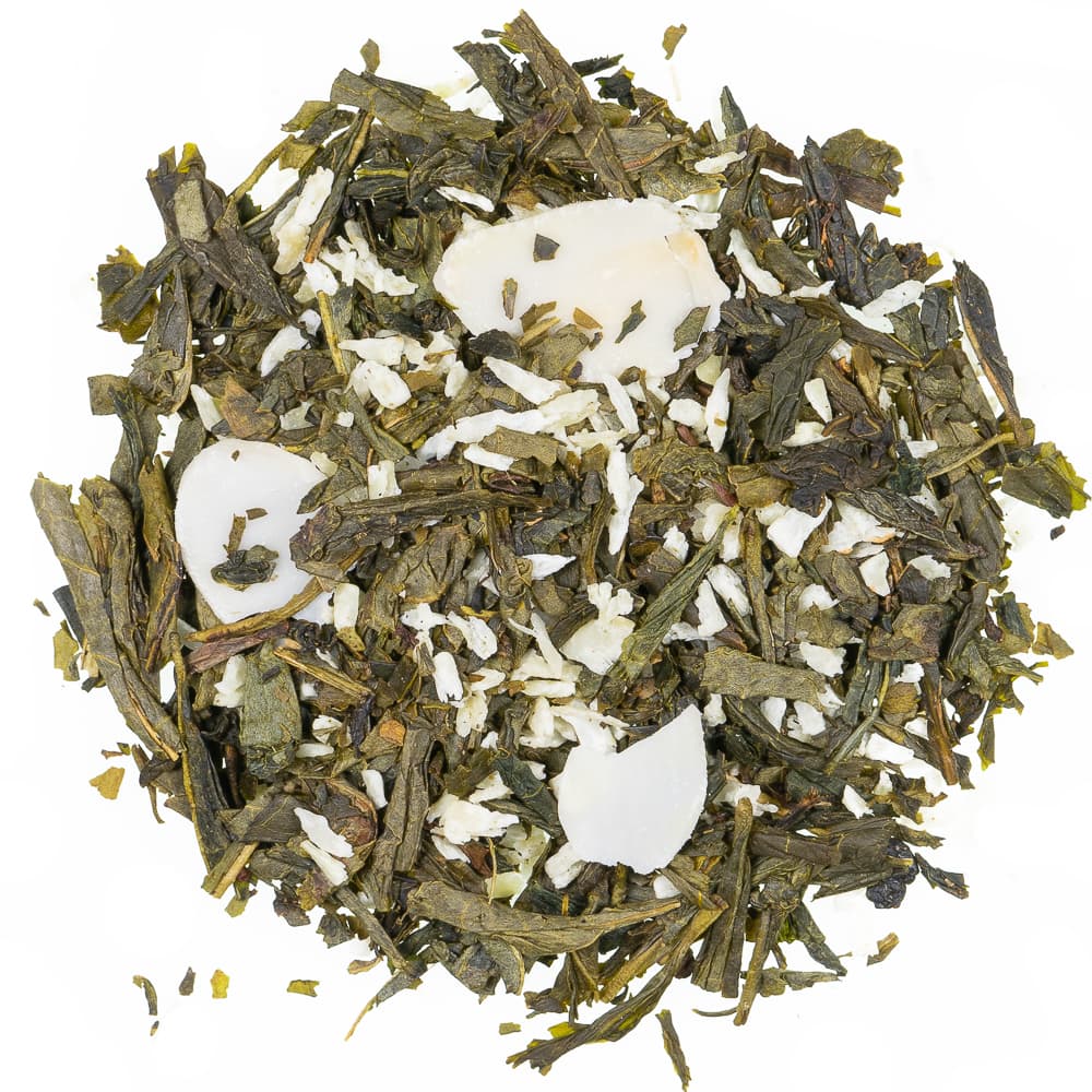 Lose Grünteemischung Mandelplätzchen mit grünen Sencha-Teeblättern, weißen Kokosraspeln und Mandelblättchen