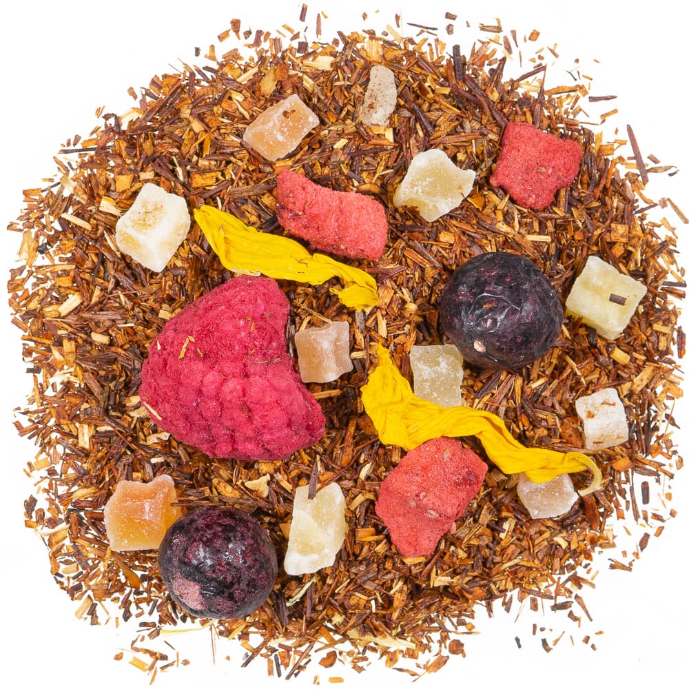 Rooibostee mit Johannisbeeren, Himbeeren, kandierten Früchten und Sonnenblumenblüten