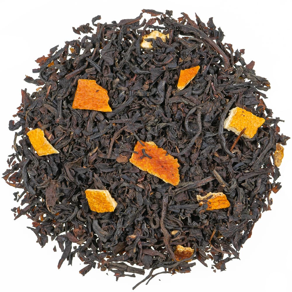 Lose Schwarzteemischung Petersburger Mischung mit dunklen Teeblättern und orangefarbenen Orangenschalen