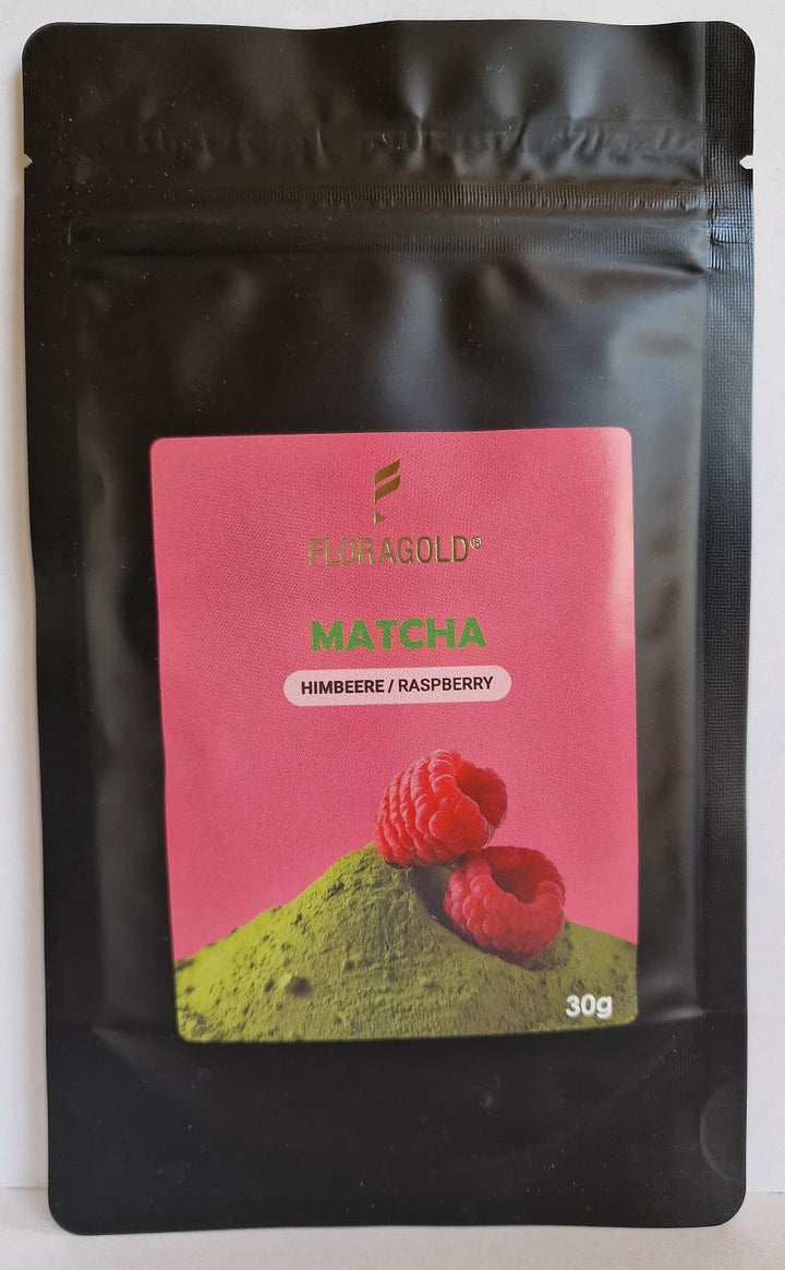 Raspberry Matcha mit Himbeere in schwarzem Floragold Zip-Beutel