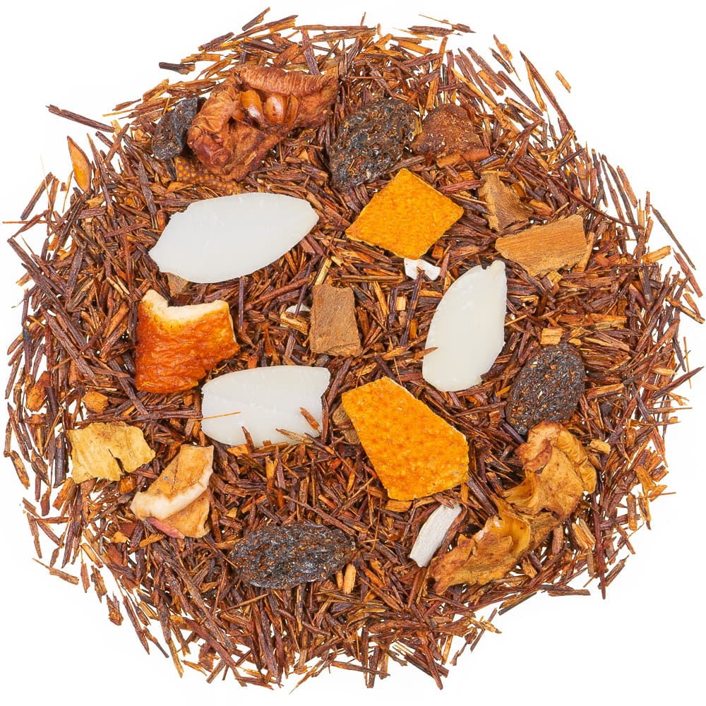 Rooibostee mit Orangenschalen, Mandelflakes, Weinbeeren und Apfelstücken als lose Teemischung