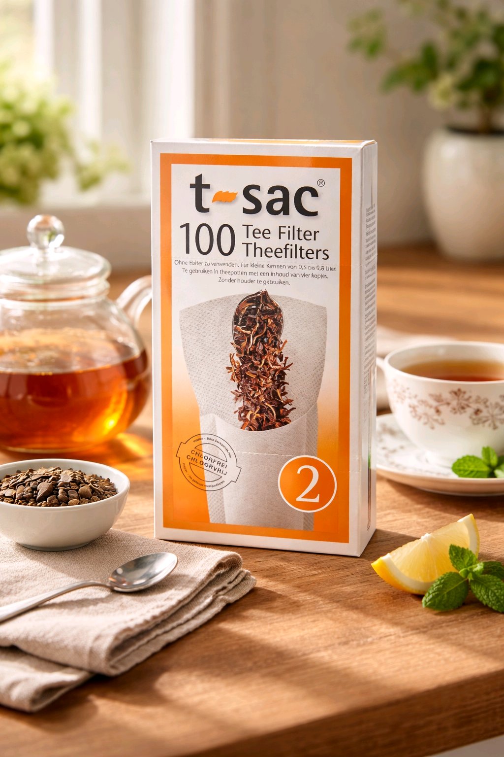 t-sac Teefilter Größe 2 im Einsatz in in atmospärischer Stimmung mit Teekanne und Tasse