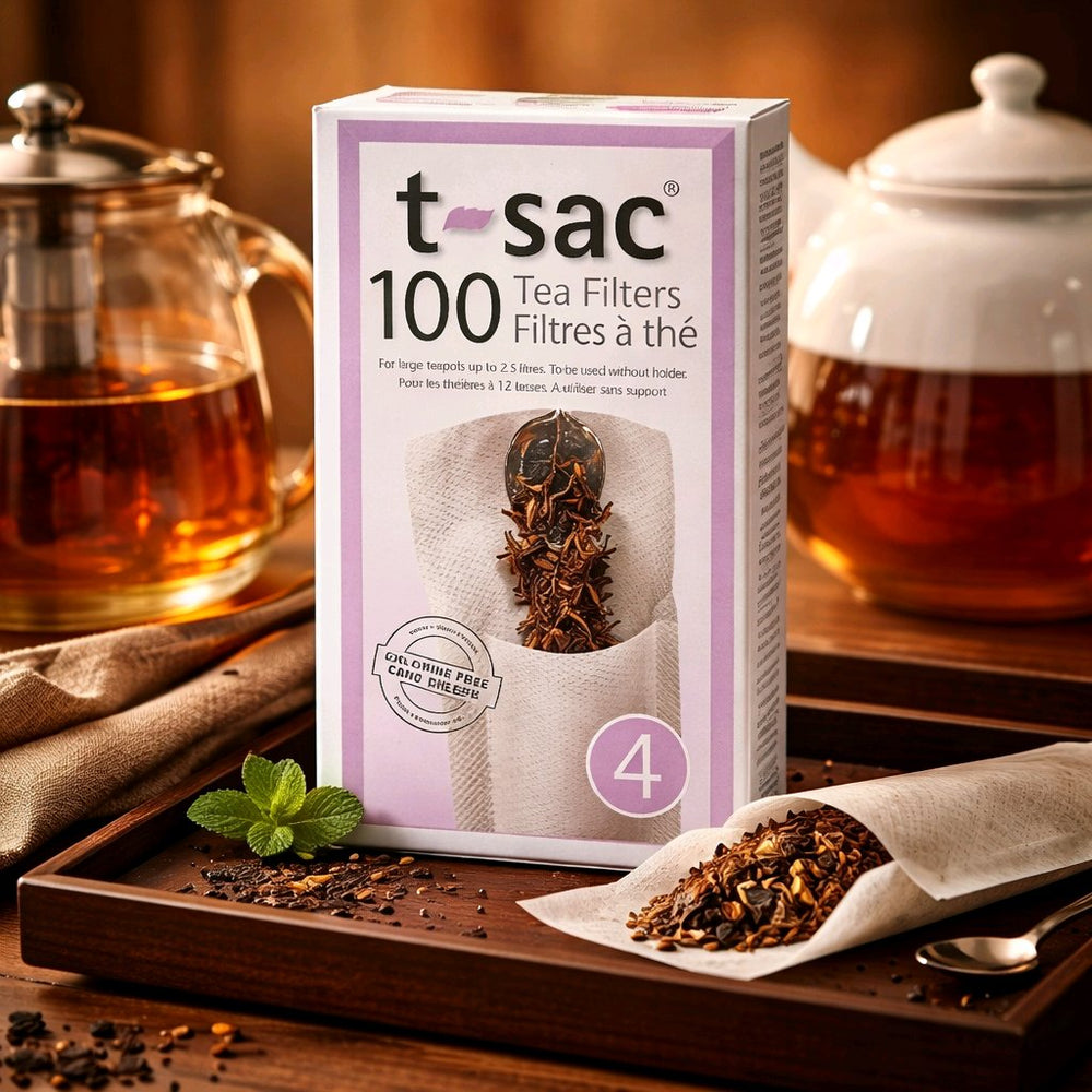 t-sac Teefilter Größe 4 mit Teekannen im Hintergrund