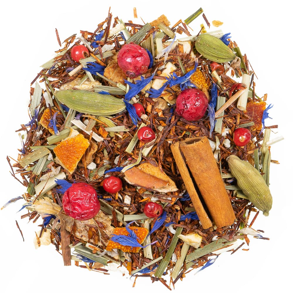 Rooibostee mit Lemongras, Kardamom, Zimt, roten Johannisbeeren und Kornblumenblüten