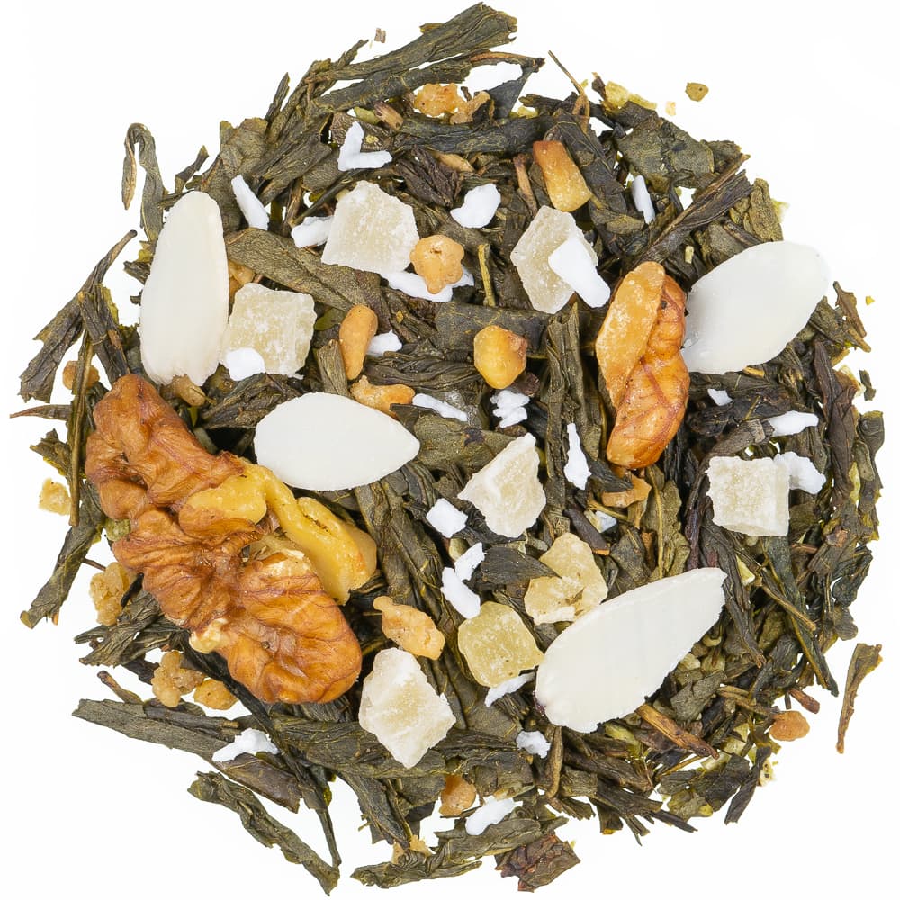 Lose Grünteemischung Walnuss mit Sencha-Teeblättern, Walnussstücken, Mandelblättchen, Kokosraspeln und kandierten Fruchtstücken