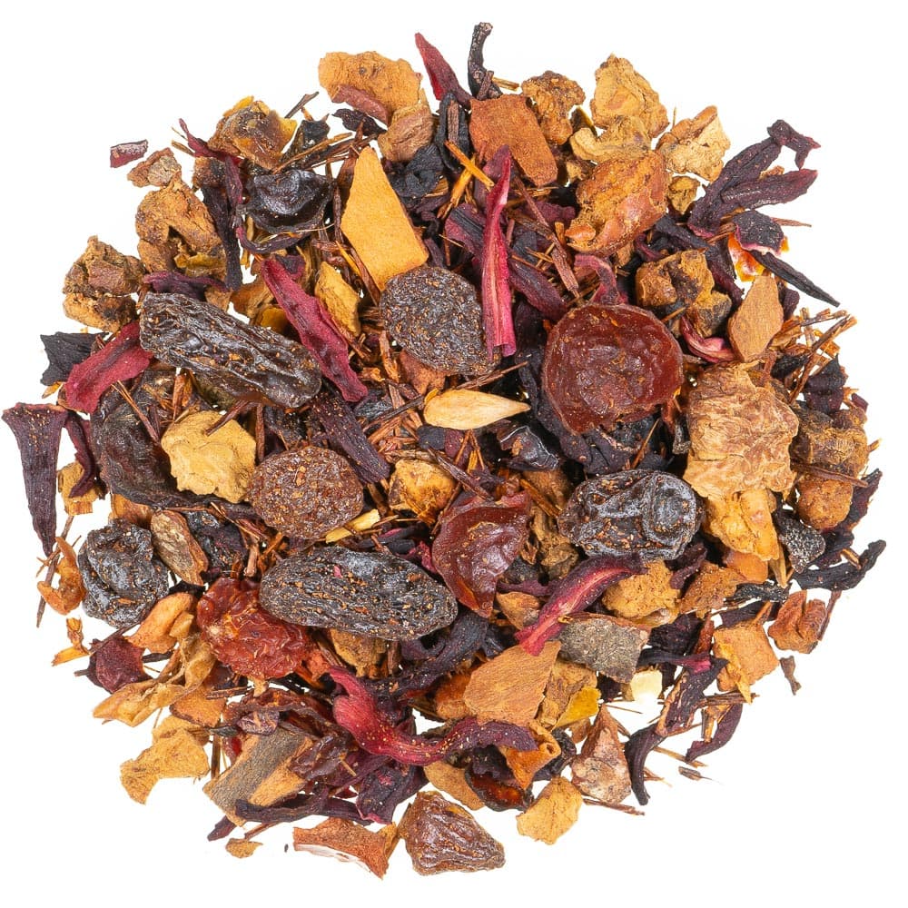Lose Teemischung Früchtetee Zimt Pflaume mit Pflaumenstücken, Zimtrinde, Weinbeeren und Hibiskusblüten